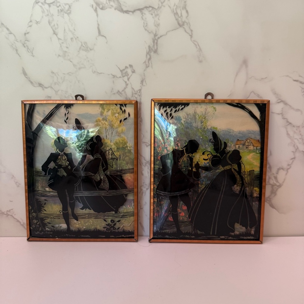 Vintage reverse image framed silhouette bubble glass set of two Victorian couple